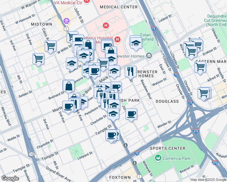 map of restaurants, bars, coffee shops, grocery stores, and more near 115 Erskine Street in Detroit