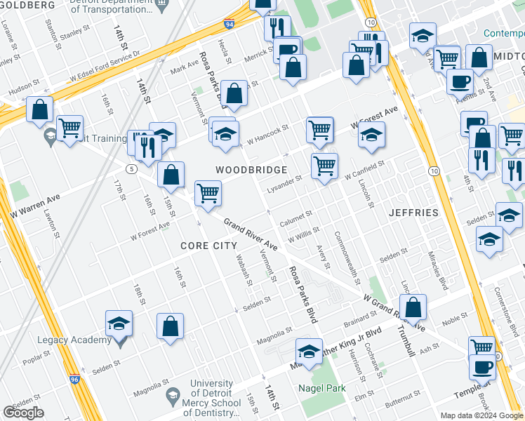 map of restaurants, bars, coffee shops, grocery stores, and more near 4401 Rosa Parks Boulevard in Detroit
