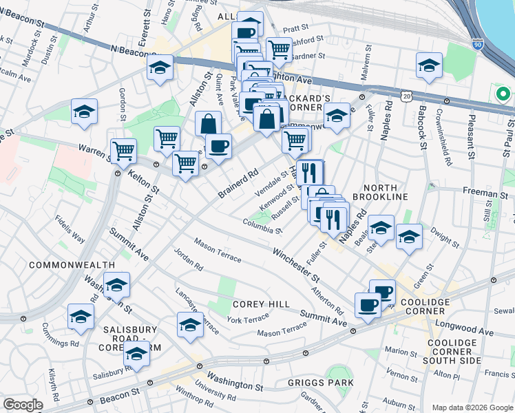 map of restaurants, bars, coffee shops, grocery stores, and more near 61 Kenwood Street in Brookline