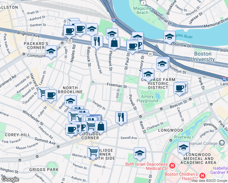 map of restaurants, bars, coffee shops, grocery stores, and more near 14 Still Street in Brookline