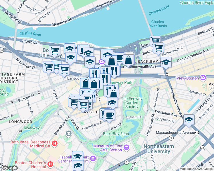 map of restaurants, bars, coffee shops, grocery stores, and more near 4 Jersey Street in Boston