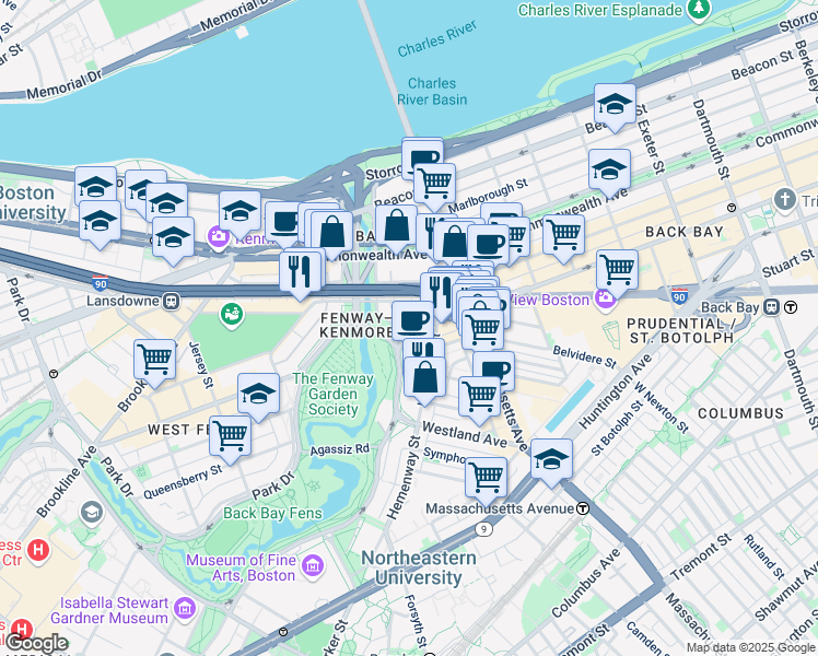 map of restaurants, bars, coffee shops, grocery stores, and more near 1109 Boylston Street in Boston