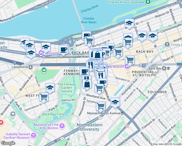 map of restaurants, bars, coffee shops, grocery stores, and more near in Boston