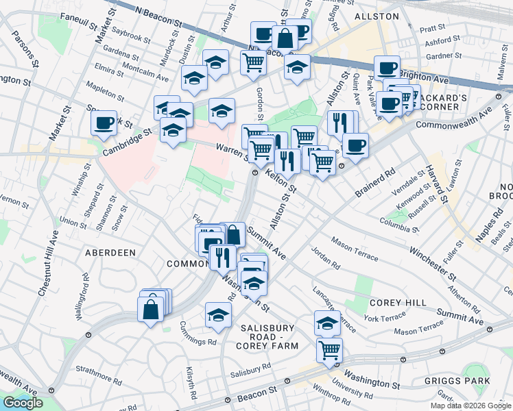 map of restaurants, bars, coffee shops, grocery stores, and more near 1486 Commonwealth Avenue in Boston