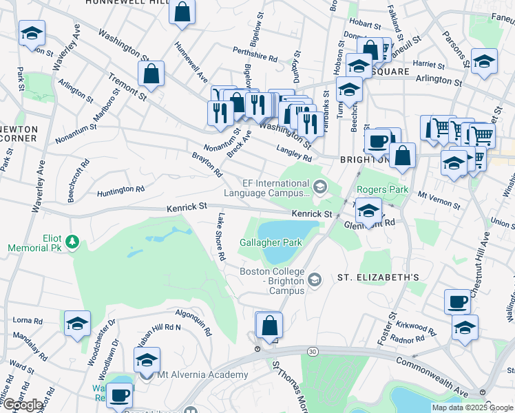 map of restaurants, bars, coffee shops, grocery stores, and more near 110-112 Kenrick Street in Boston