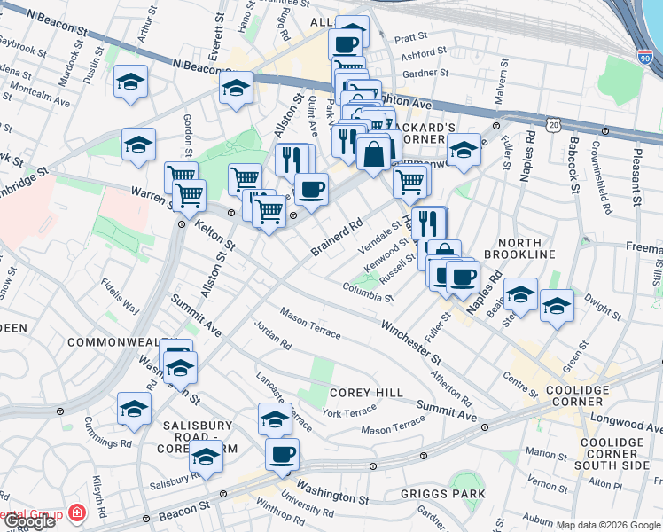 map of restaurants, bars, coffee shops, grocery stores, and more near 91 Verndale Street in Brookline