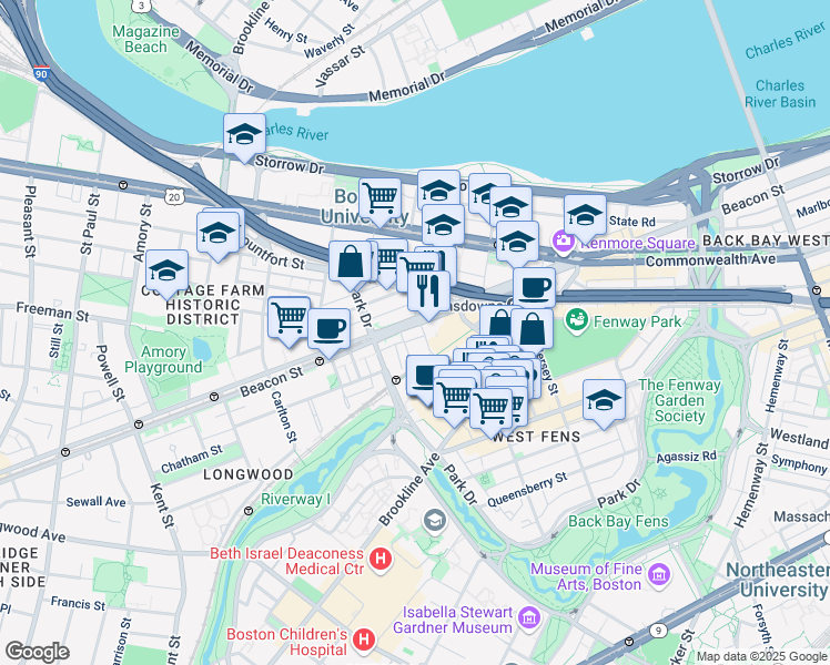 map of restaurants, bars, coffee shops, grocery stores, and more near 9 Miner Street in Boston