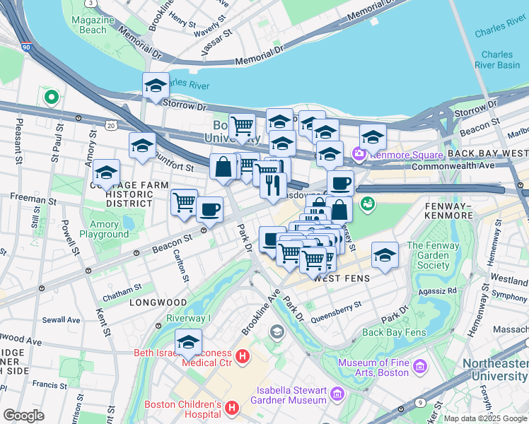 map of restaurants, bars, coffee shops, grocery stores, and more near 9 Miner Street in Boston
