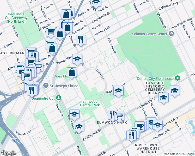 map of restaurants, bars, coffee shops, grocery stores, and more near 2661 Chene Street in Detroit