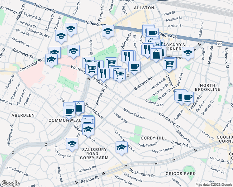 map of restaurants, bars, coffee shops, grocery stores, and more near 239 Kelton Street in Boston