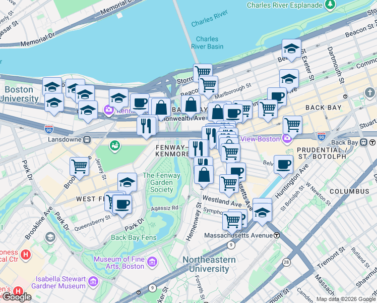 map of restaurants, bars, coffee shops, grocery stores, and more near 3780 Boylston Street in Boston