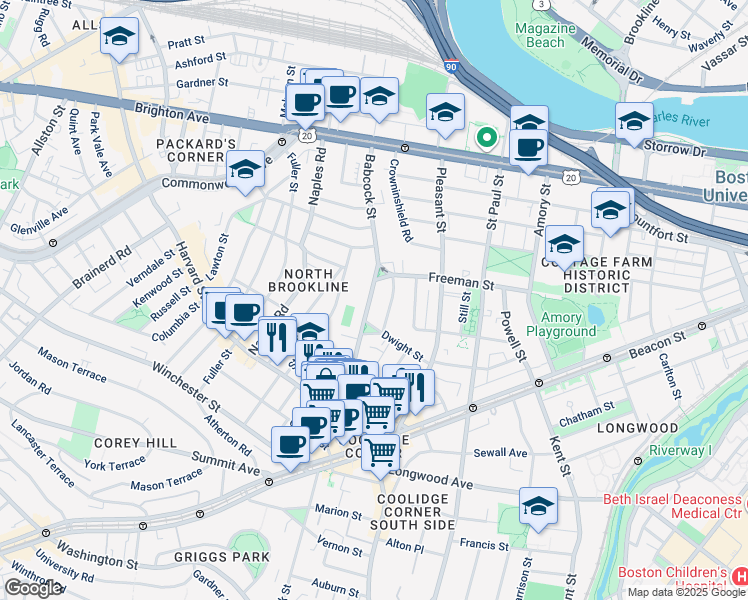 map of restaurants, bars, coffee shops, grocery stores, and more near 99 Babcock Street in Brookline