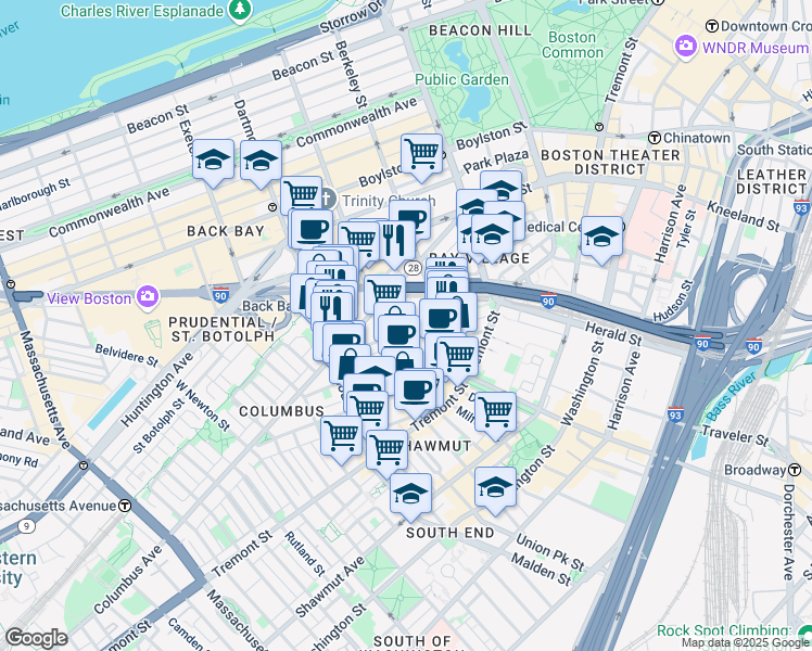 map of restaurants, bars, coffee shops, grocery stores, and more near 75 Chandler Street in Boston