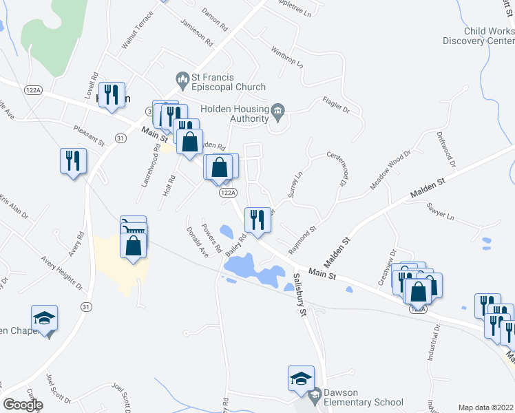 map of restaurants, bars, coffee shops, grocery stores, and more near 32 Mayo Drive in Holden