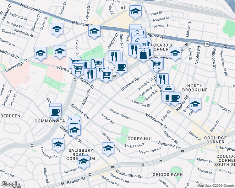 map of restaurants, bars, coffee shops, grocery stores, and more near 44 Walbridge Street in Boston