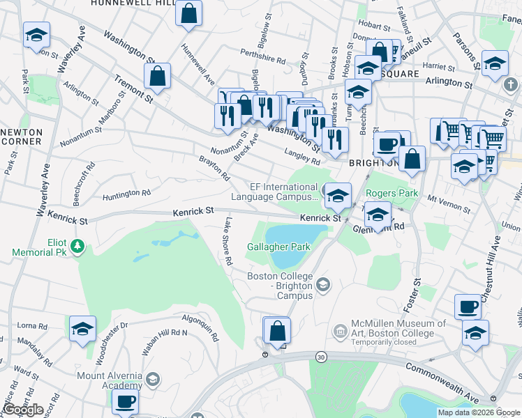 map of restaurants, bars, coffee shops, grocery stores, and more near 110-112 Kenrick Street in Boston