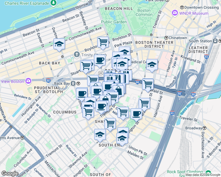 map of restaurants, bars, coffee shops, grocery stores, and more near 5 Appleton Street in Boston