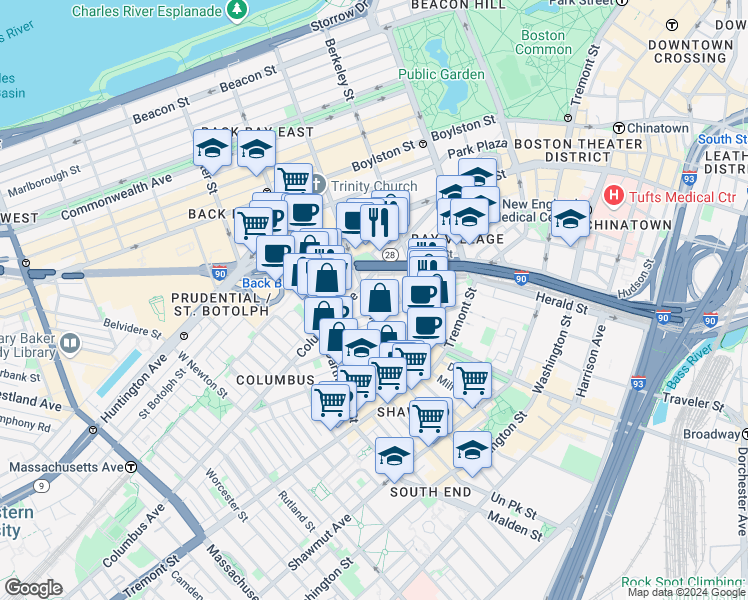 map of restaurants, bars, coffee shops, grocery stores, and more near in Boston