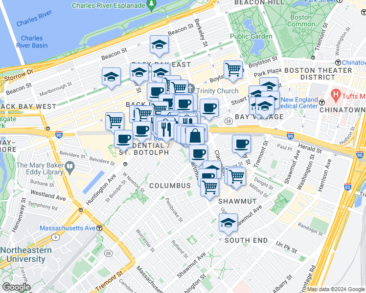map of restaurants, bars, coffee shops, grocery stores, and more near 130 Dartmouth Street in Boston