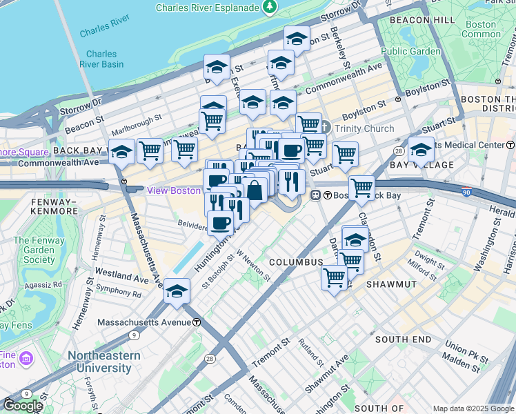 map of restaurants, bars, coffee shops, grocery stores, and more near 2 Harcourt Street in Boston