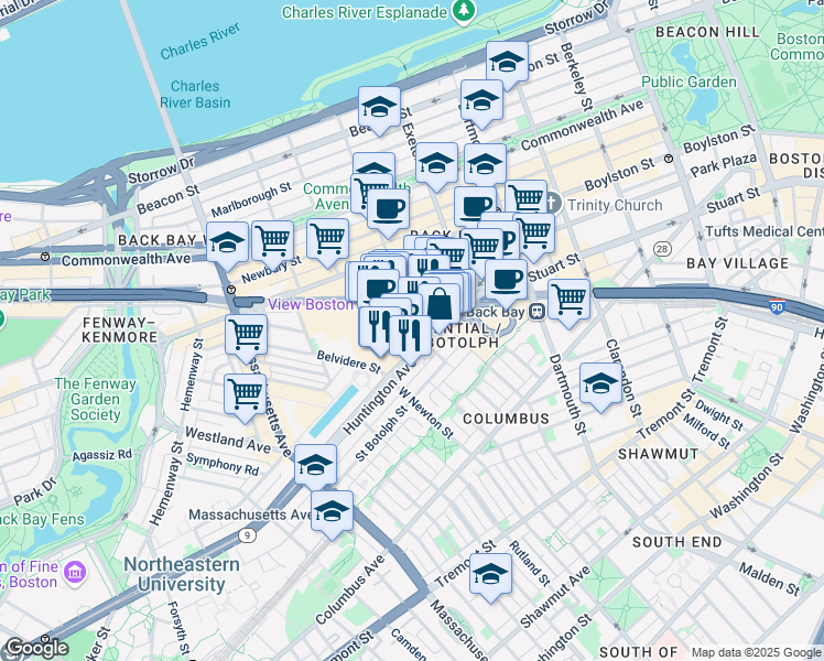 map of restaurants, bars, coffee shops, grocery stores, and more near 101 Huntington Avenue in Boston