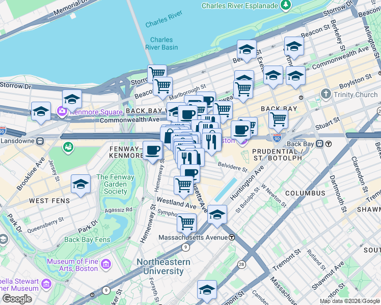 map of restaurants, bars, coffee shops, grocery stores, and more near 14 Belvidere Street in Boston