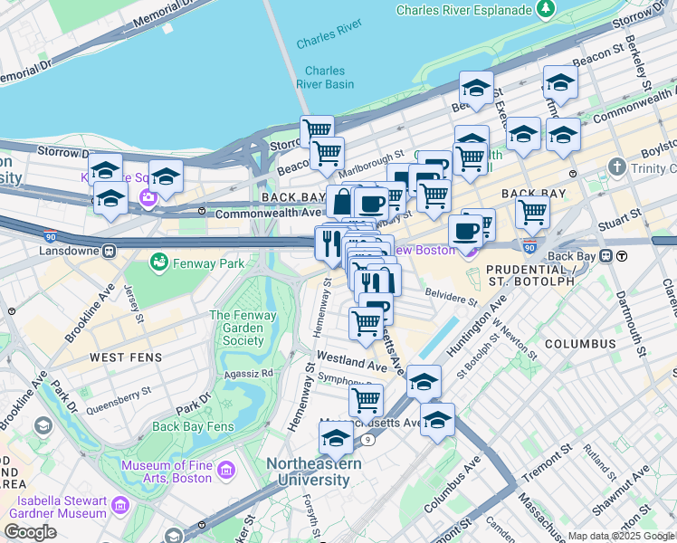 map of restaurants, bars, coffee shops, grocery stores, and more near 4 Haviland Street in Boston