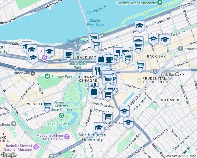 map of restaurants, bars, coffee shops, grocery stores, and more near in Boston
