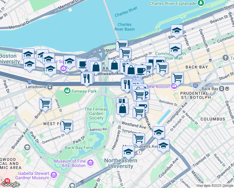 map of restaurants, bars, coffee shops, grocery stores, and more near 3780 Boylston Street in Boston