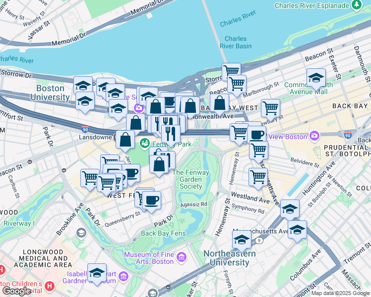 map of restaurants, bars, coffee shops, grocery stores, and more near 1179 Boylston Street in Boston