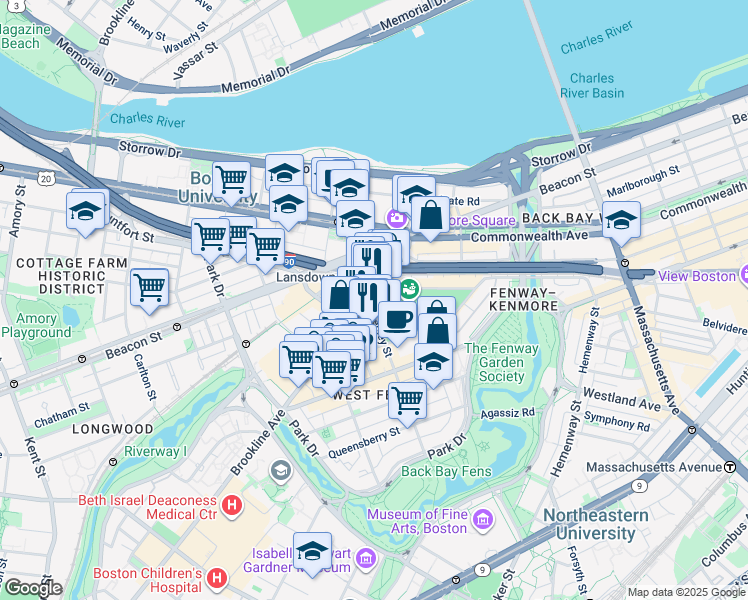 map of restaurants, bars, coffee shops, grocery stores, and more near in Boston