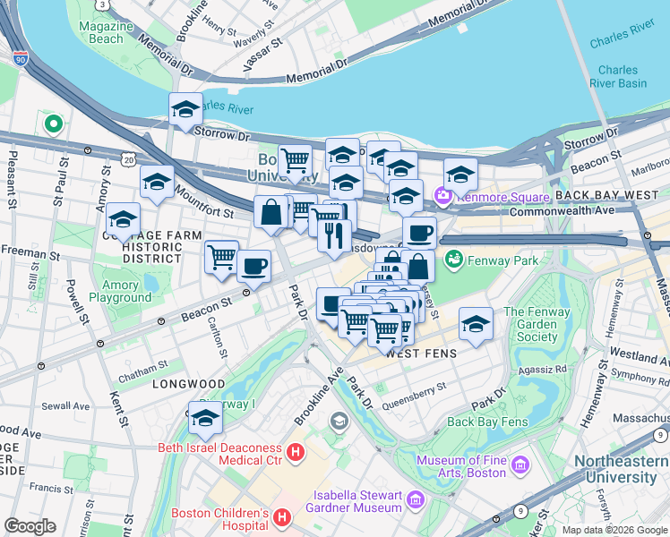 map of restaurants, bars, coffee shops, grocery stores, and more near 9 Miner Street in Boston