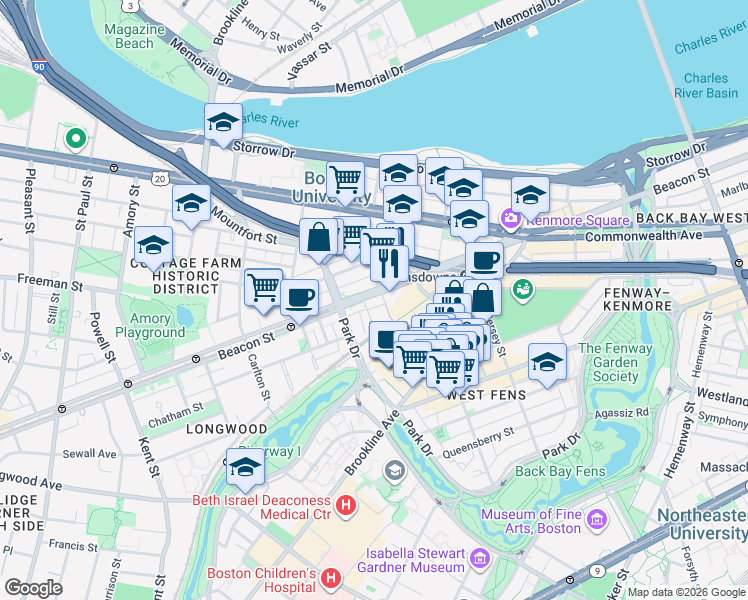 map of restaurants, bars, coffee shops, grocery stores, and more near 9 Miner Street in Boston