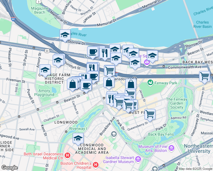 map of restaurants, bars, coffee shops, grocery stores, and more near 880 Beacon Street in Boston