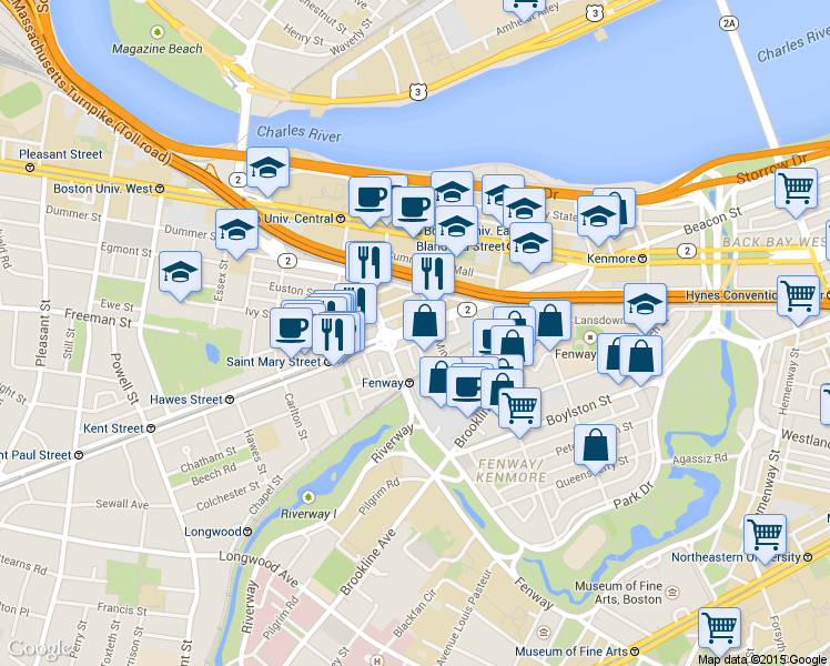 map of restaurants, bars, coffee shops, grocery stores, and more near 877 Beacon Street in Boston