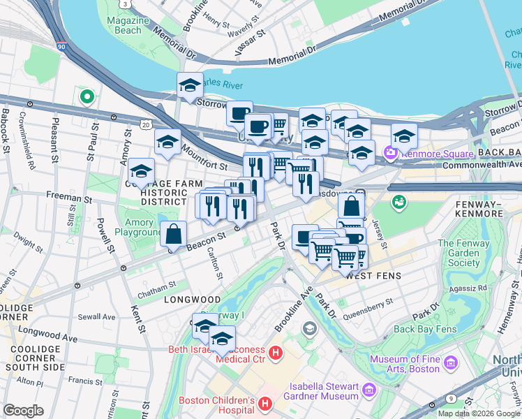 map of restaurants, bars, coffee shops, grocery stores, and more near 912 Beacon Street in Boston