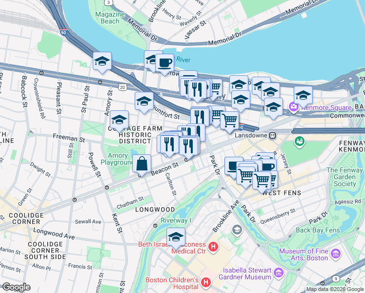 map of restaurants, bars, coffee shops, grocery stores, and more near in Brookline