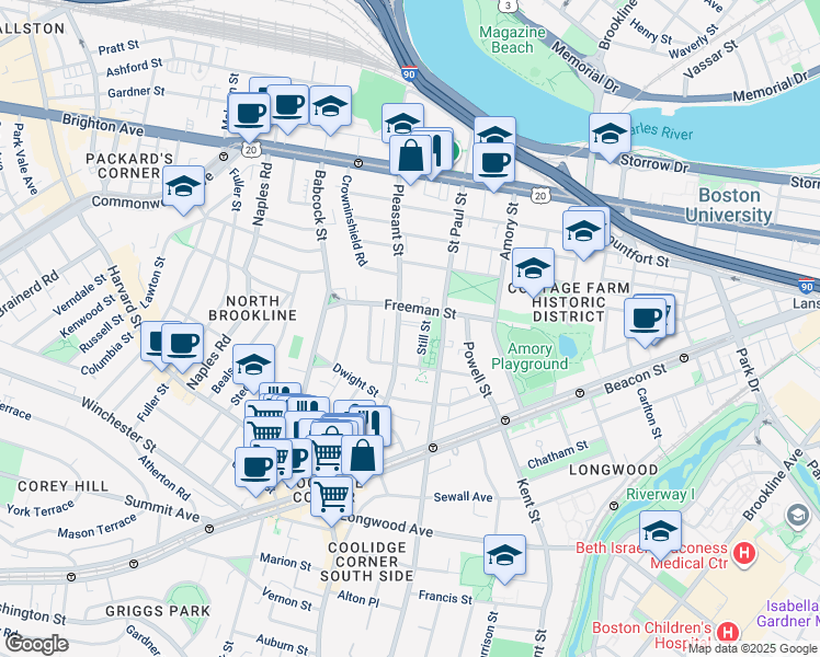 map of restaurants, bars, coffee shops, grocery stores, and more near 18 Still Street in Brookline