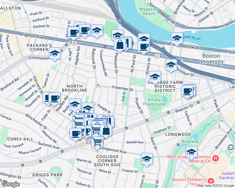 map of restaurants, bars, coffee shops, grocery stores, and more near 14 Still Street in Brookline