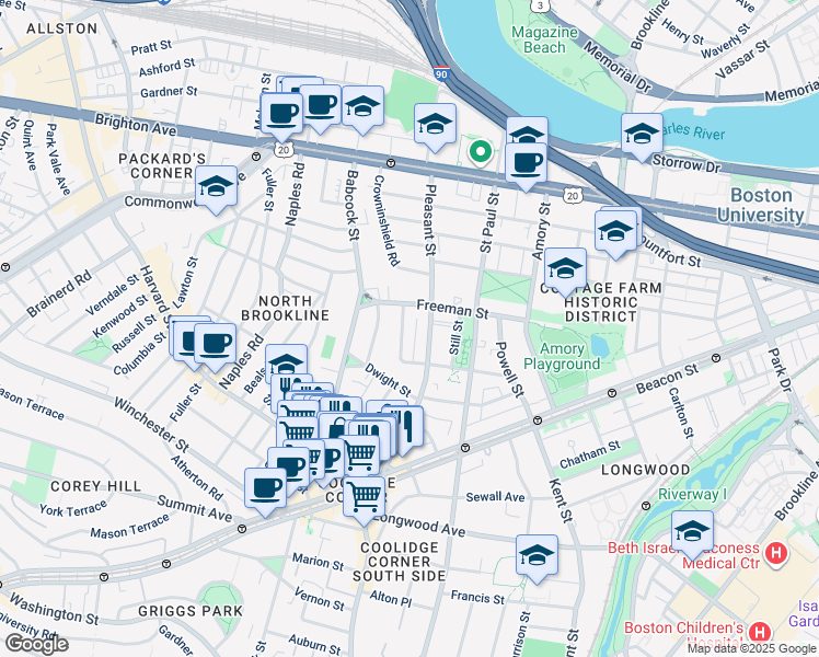 map of restaurants, bars, coffee shops, grocery stores, and more near 107 Browne Street in Brookline