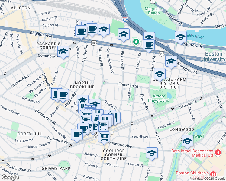 map of restaurants, bars, coffee shops, grocery stores, and more near 107 Browne Street in Brookline