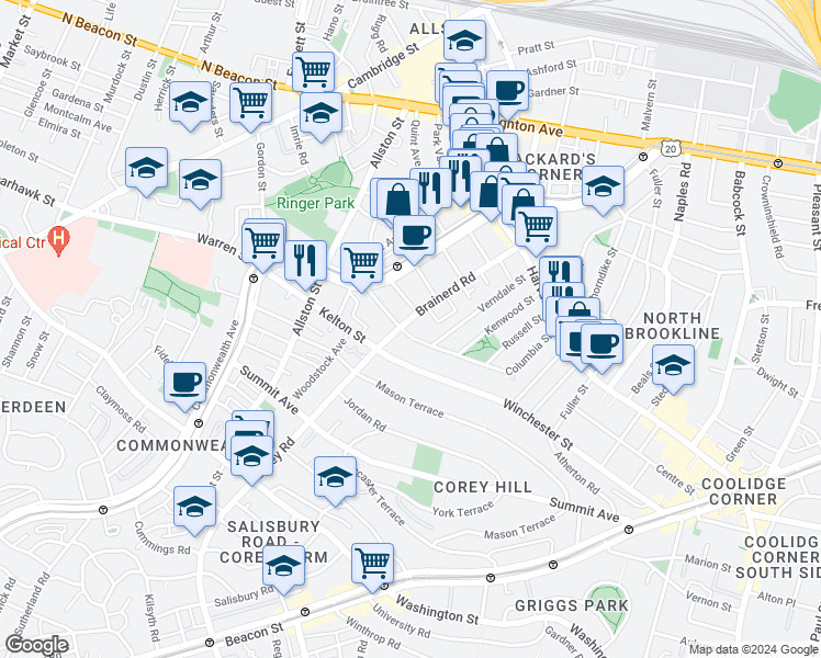 map of restaurants, bars, coffee shops, grocery stores, and more near 33 Columbia Street in Brookline