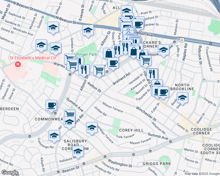 map of restaurants, bars, coffee shops, grocery stores, and more near in Boston