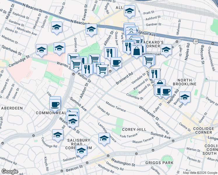 map of restaurants, bars, coffee shops, grocery stores, and more near 33 Walbridge Street in Boston