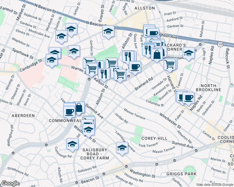 map of restaurants, bars, coffee shops, grocery stores, and more near 239 Kelton Street in Boston