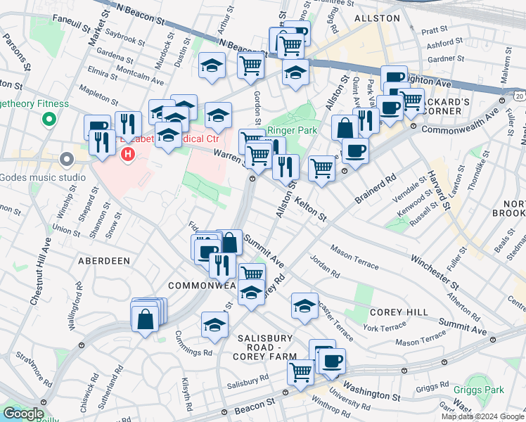 map of restaurants, bars, coffee shops, grocery stores, and more near 1486 Commonwealth Avenue in Boston