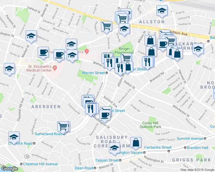 map of restaurants, bars, coffee shops, grocery stores, and more near 1486 Commonwealth Avenue in Boston