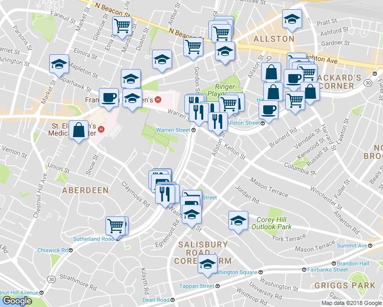 map of restaurants, bars, coffee shops, grocery stores, and more near 1486 Commonwealth Avenue in Boston