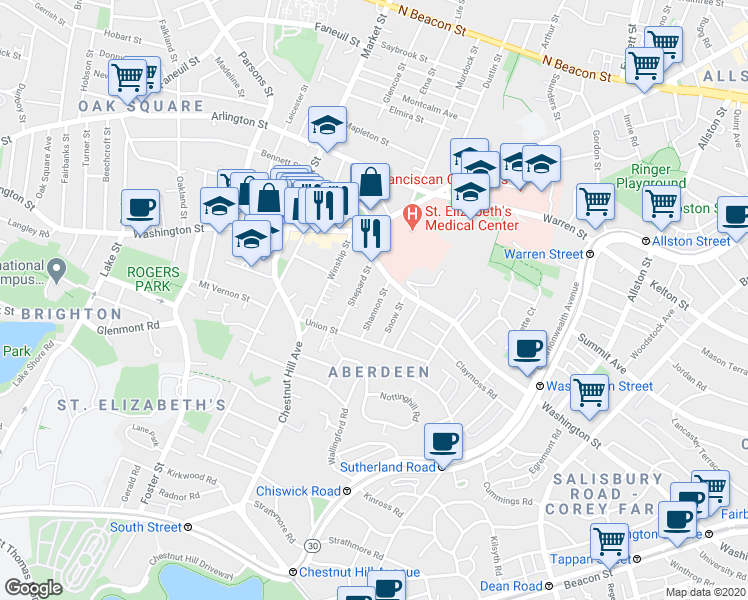 map of restaurants, bars, coffee shops, grocery stores, and more near 30 Shannon Street in Boston
