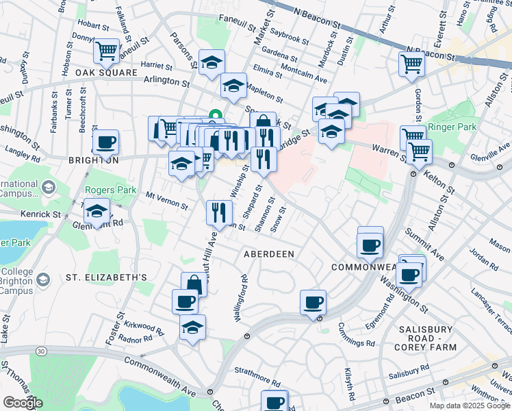 map of restaurants, bars, coffee shops, grocery stores, and more near 39 Shepard Street in Boston